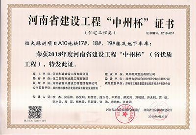 恒大绿洲项目A10地块17#、18#、19#楼及地下车库荣获“2018年度河南省建设工程中州杯（省优质工程）”